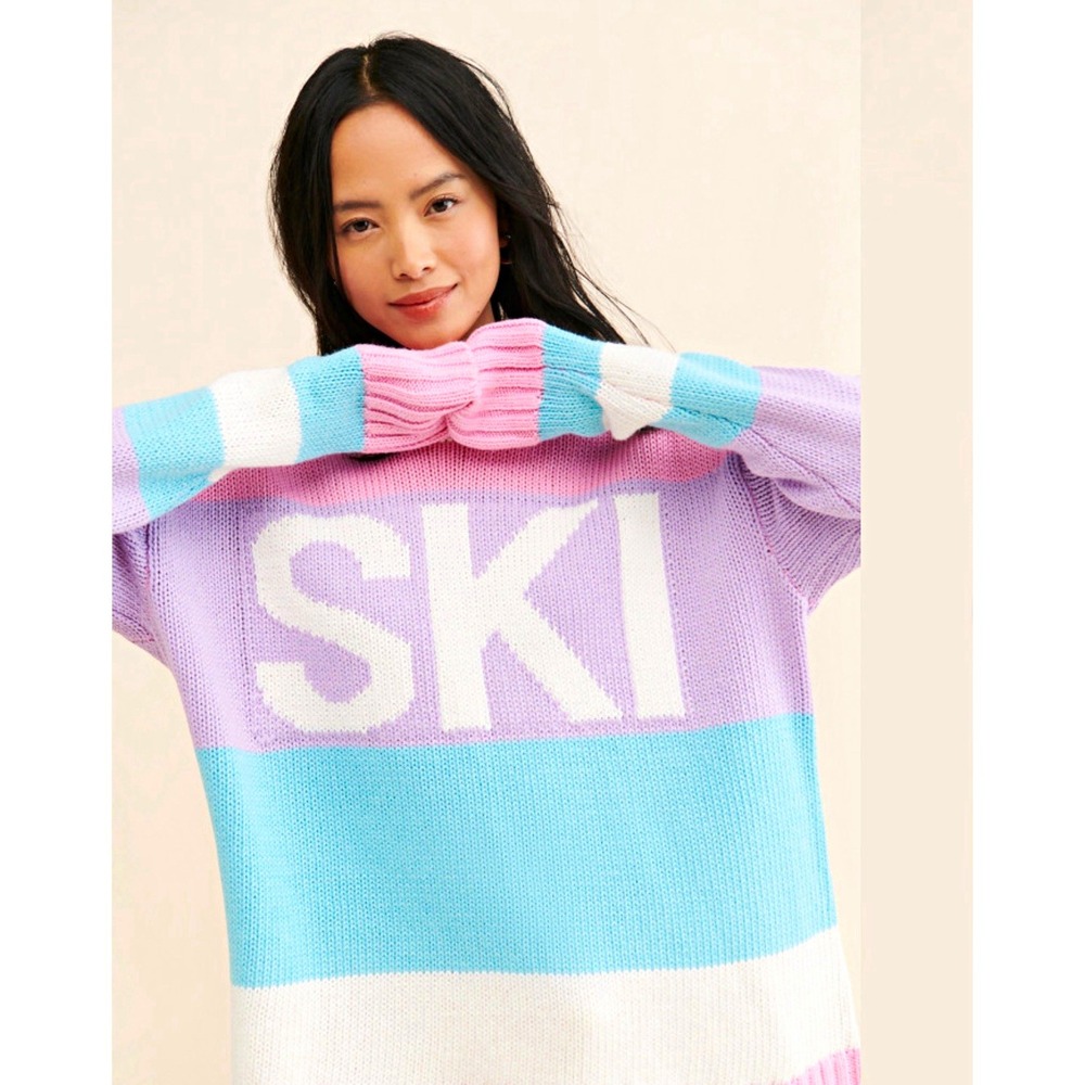 Show Me Your Mumu XL Striped SKI Logo Chunky Knit Oversized Crewneck Sweater